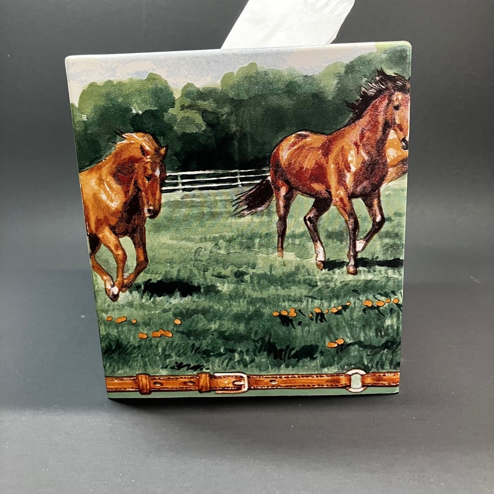 Connie's Creations Wood Tissue Box Cover Equestrian Running Horses Green - Picture 6 of 11